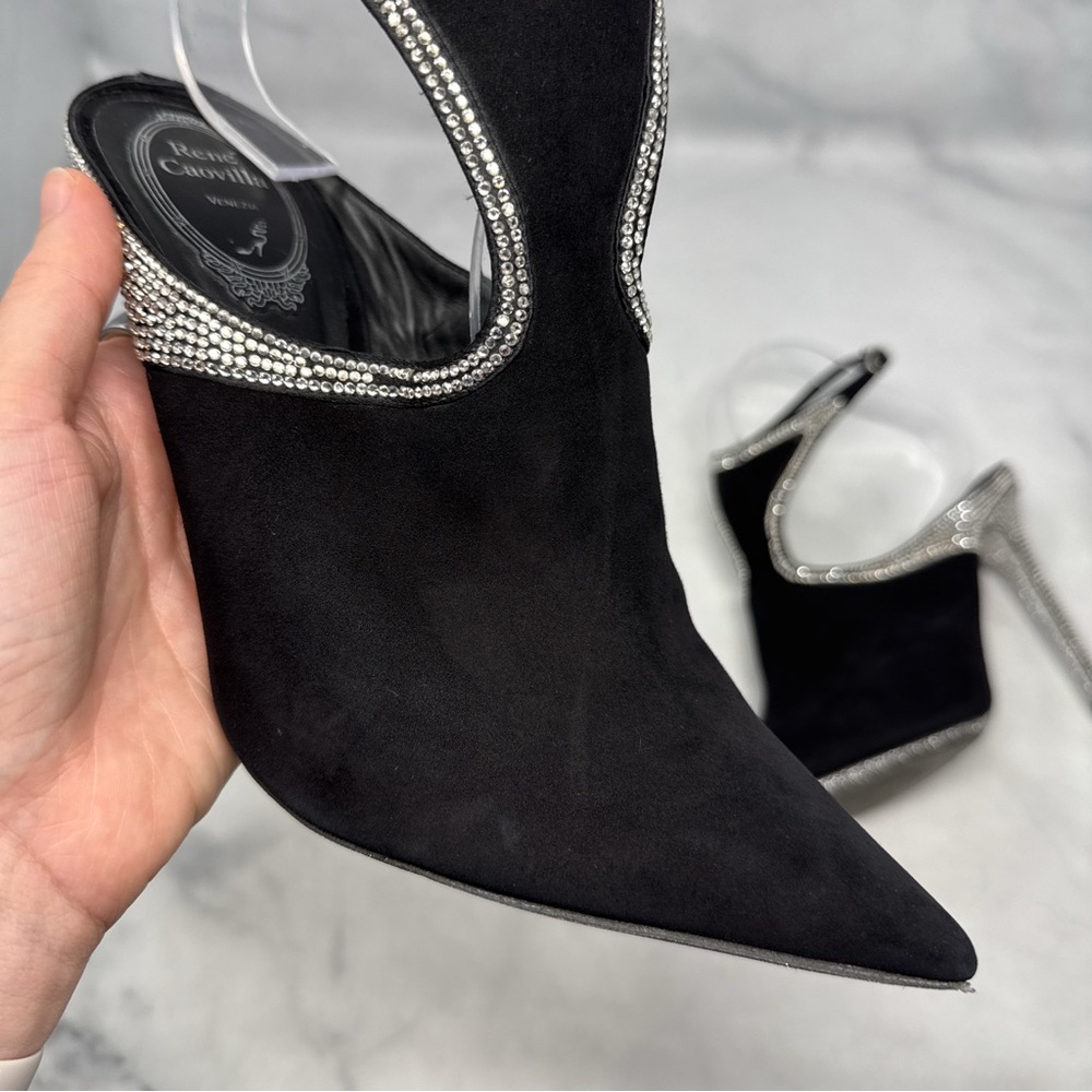 Rene Caovilla Strass Embellished Suede Pointed Toe Open Back Ankle Bootie Heels - Picture 9 of 16